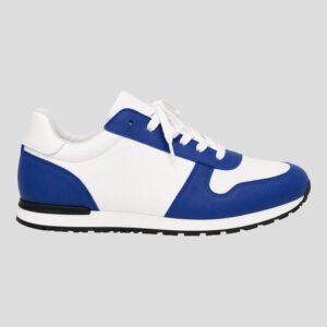 Custom Lisbon sneakers in white and blue, premium Italian leather handcrafted for corporate branding.