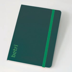 Dark green notebook with logo in light green and matching elastic