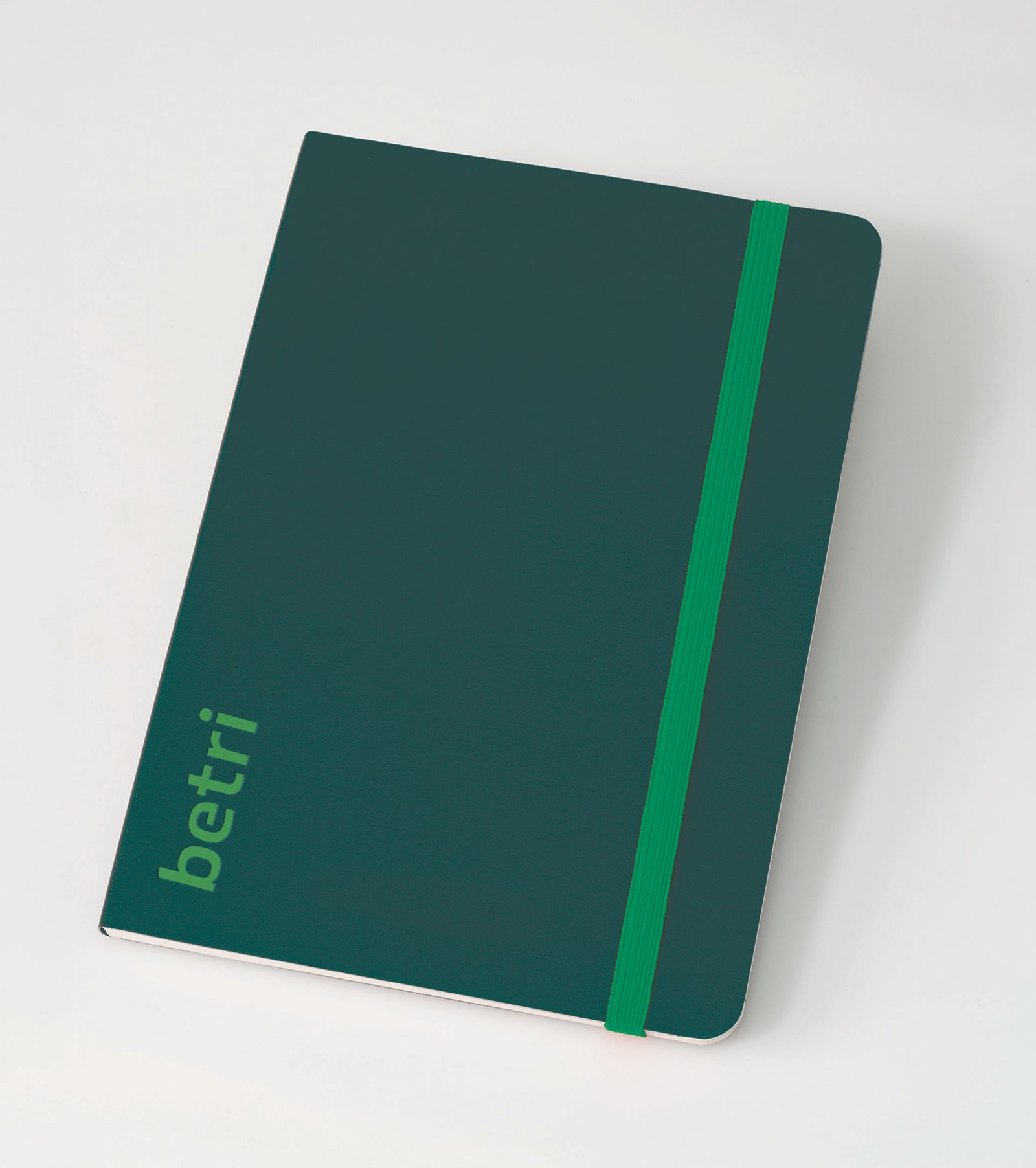Dark green notebook with logo in light green and matching elastic