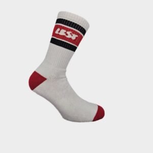 image of cotton socks in white with custom company colour stripes blue and red and company logo