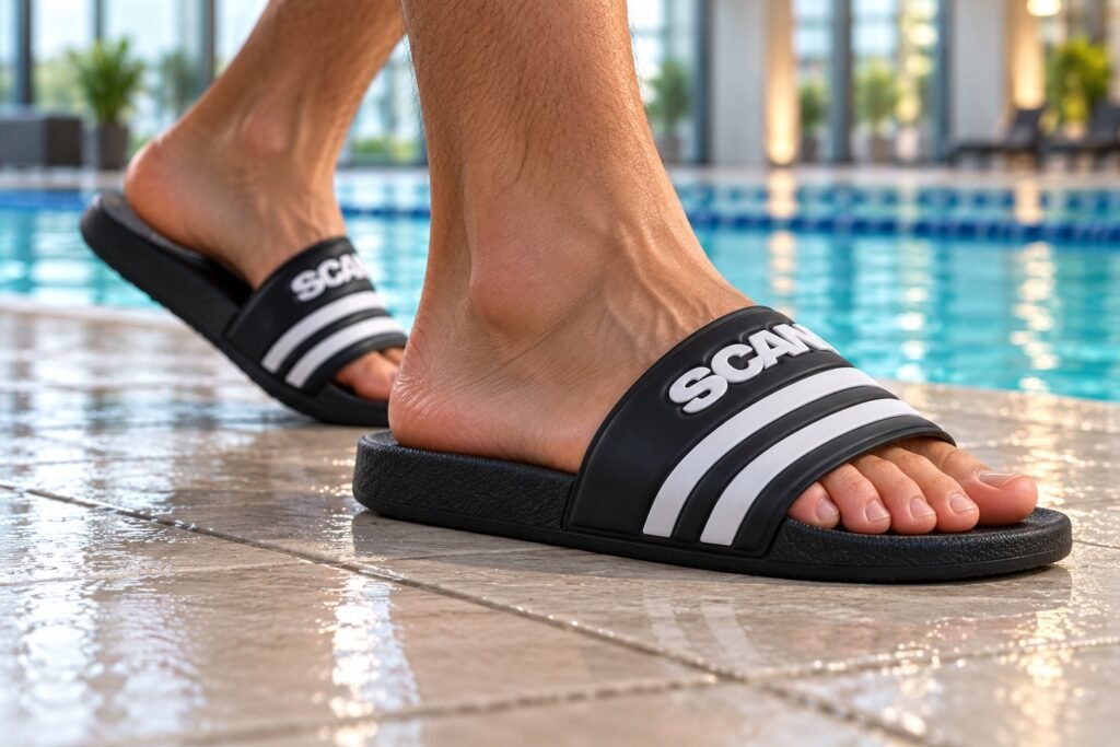 A men wearing a black and white slides logo Scania by the pool