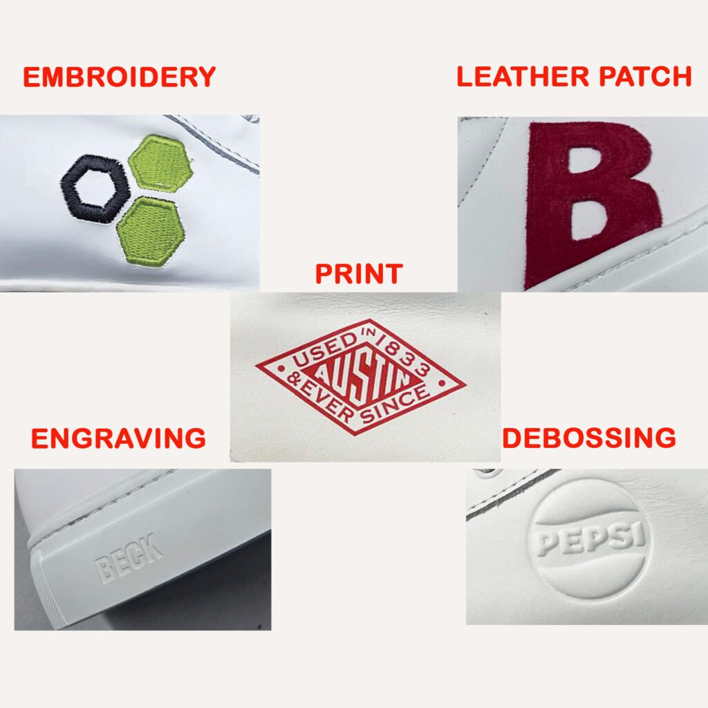 Types of customisation: print, embroidery, logo patch, engraving, debossin /hot print