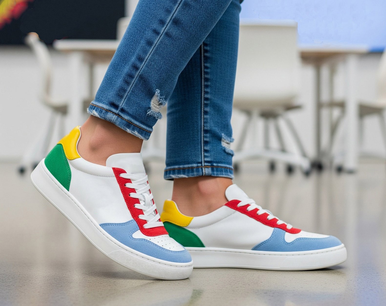 A closeup woman feet wearing sneakers in white leather with blue, red, green and yellow suede leather details